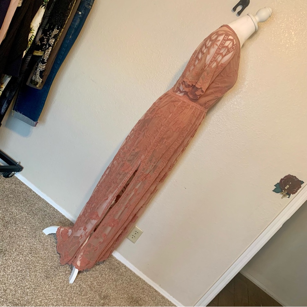 Socialite Nordstrom Lace Overlay Romper Boho Maxi Dress Dusty Pink Size Large - Picture 11 of 16